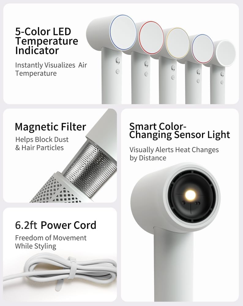 Ai High-Speed Ionic mini Hair Dryer, 1.89 Billion Negative Ions, 130,000 RPM Brushless Motor, Lightweight, Ai Temperature Control, Low Noise, Compact Travel Design with Attachment