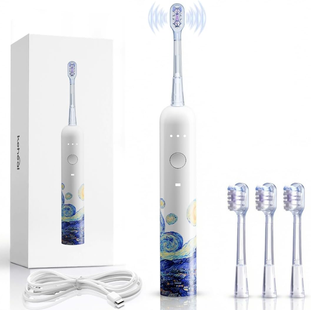 Keheal Sonic Electric Toothbrush, Oscillation&Sonic Vibration Cleaning for Adults & Teens, 4 Soft Bristle Brush Heads, Waterproof Travel Rechargeable Electric Toothbrush, Smart Timer