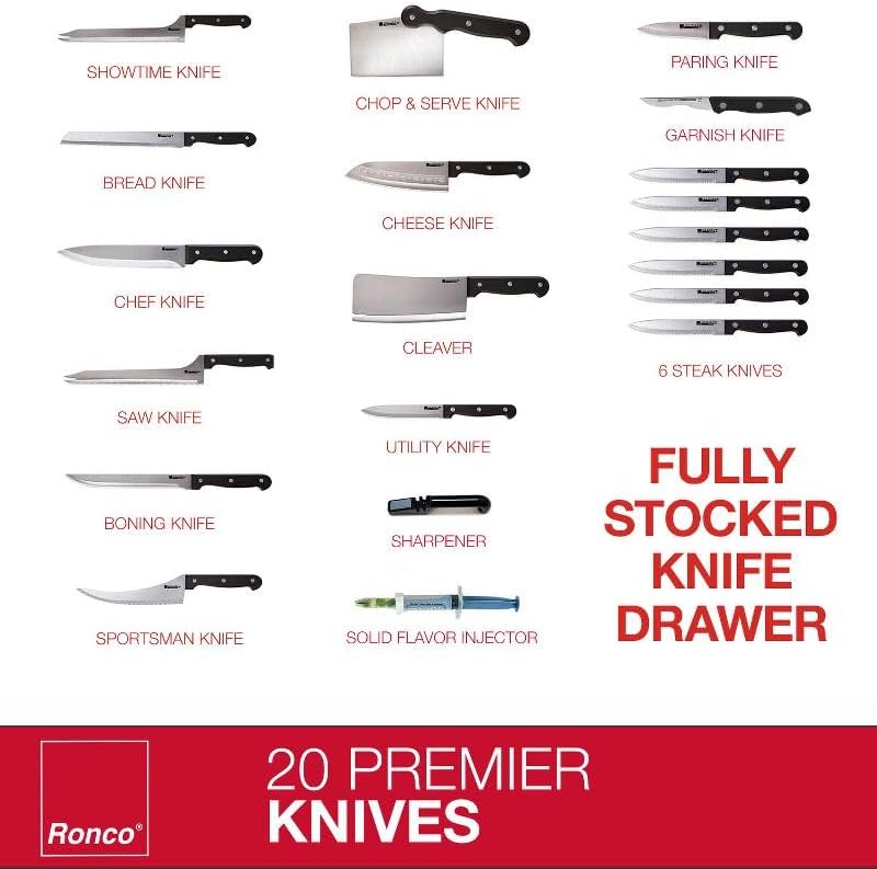 Ronco 20 Piece Knife Set, Full Tang and Triple Riveted, Knife Sharpener Included, Professional Kitchen Knife Set, High-Carbon Stainless Steel