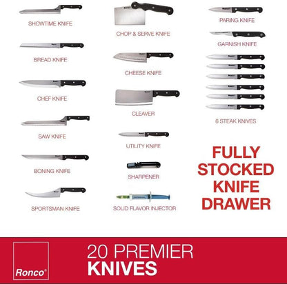 Ronco 20 Piece Knife Set, Full Tang and Triple Riveted, Knife Sharpener Included, Professional Kitchen Knife Set, High-Carbon Stainless Steel