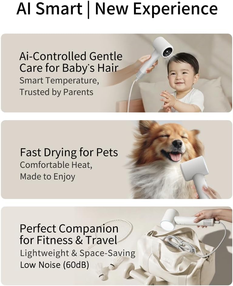 Ai High-Speed Ionic mini Hair Dryer, 1.89 Billion Negative Ions, 130,000 RPM Brushless Motor, Lightweight, Ai Temperature Control, Low Noise, Compact Travel Design with Attachment