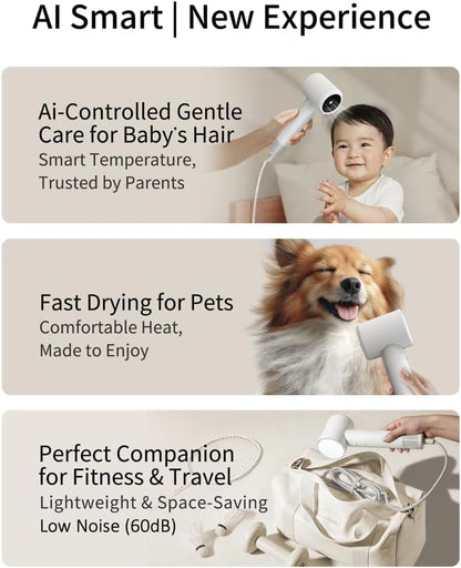 Ai High-Speed Ionic mini Hair Dryer, 1.89 Billion Negative Ions, 130,000 RPM Brushless Motor, Lightweight, Ai Temperature Control, Low Noise, Compact Travel Design with Attachment