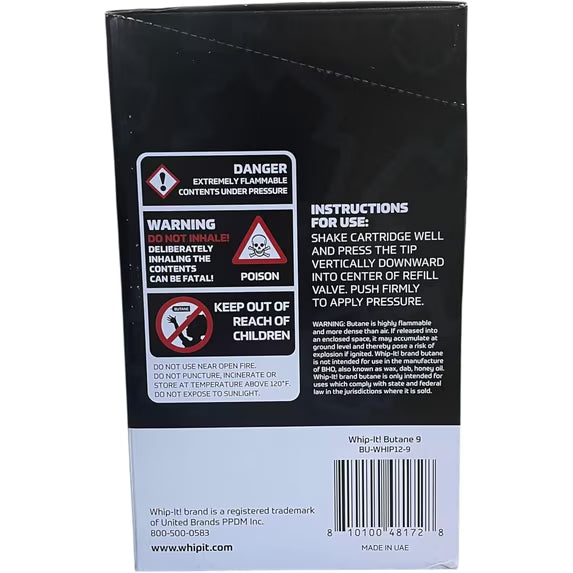 Whip-It! Purified Butane 9X Torch Lighter Refill with 5 Universal Plastic Tips 320ml Each 12 Cans