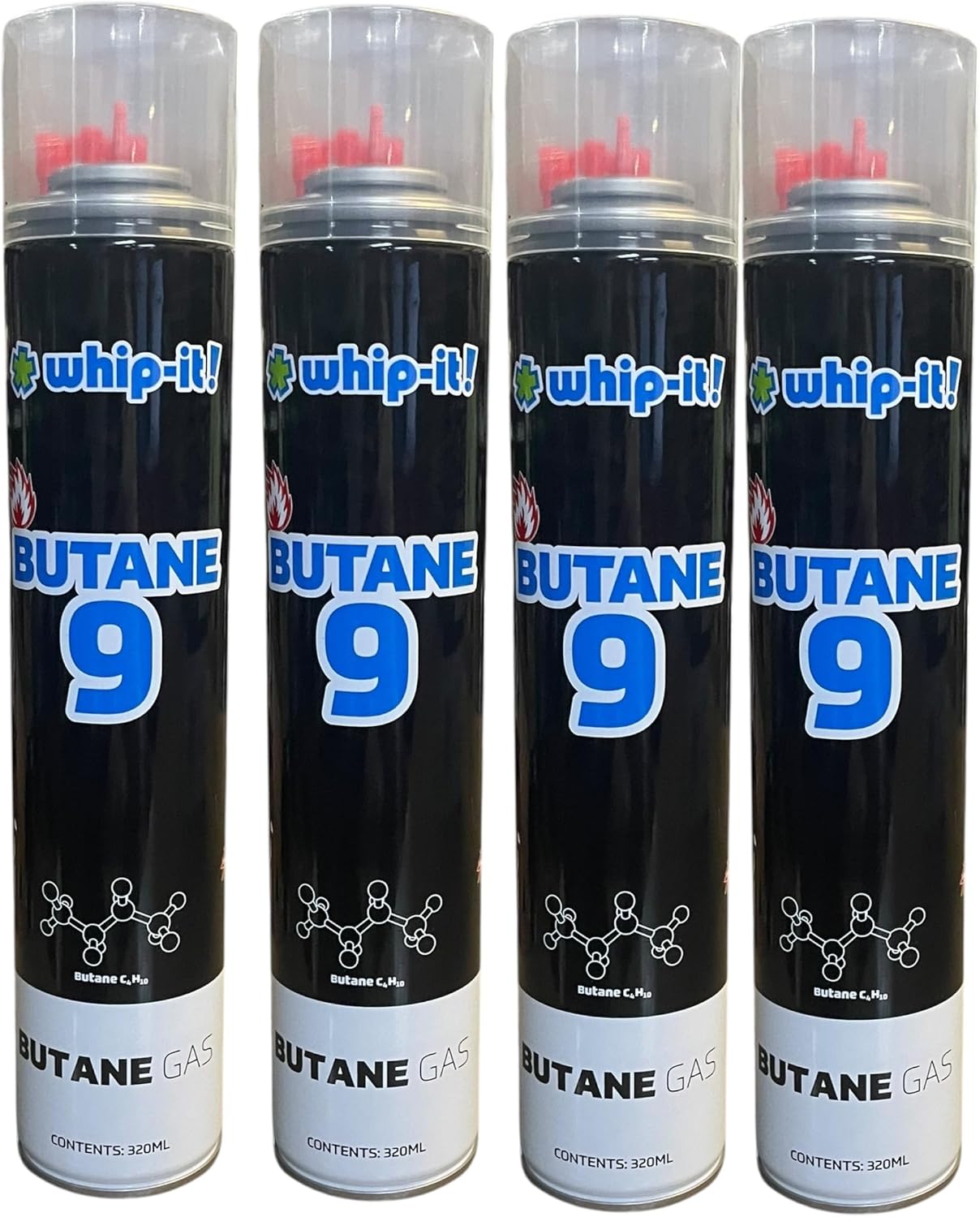 Purified Butane 9X Torch Refill Gas with 5 Universal Plastic Tips 320ml Each 4 Cans