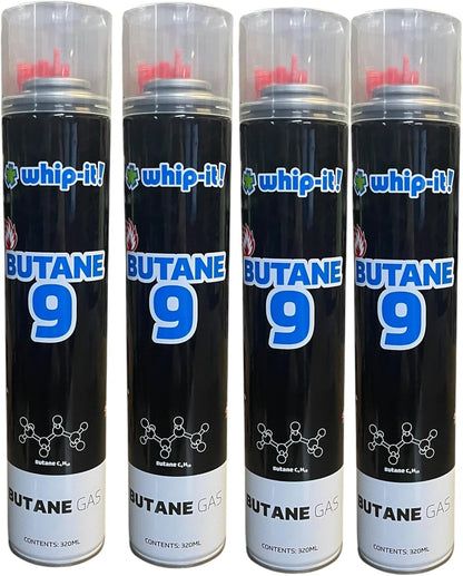 Purified Butane 9X Torch Refill Gas with 5 Universal Plastic Tips 320ml Each 4 Cans