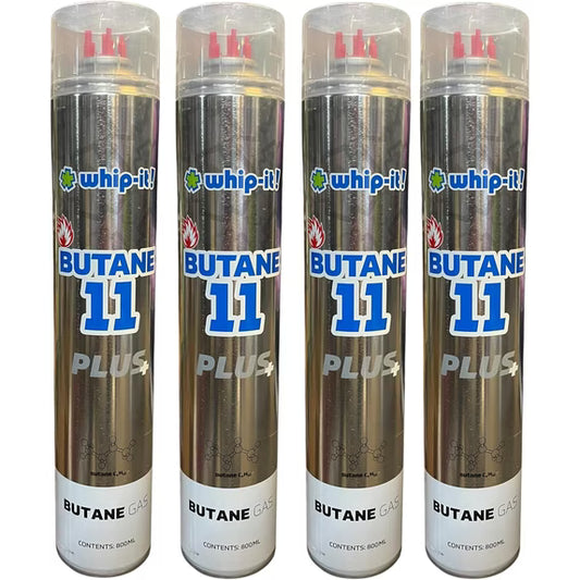 Purified Butane 11x Torch Lighter Refill with 5 Universal Plastic Tips 800ml Each 4 Cans