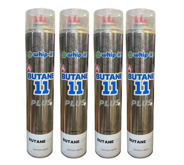Purified Butane 11x Torch Refill Gas with 5 Universal Plastic Tips 800ml Each 4 Cans