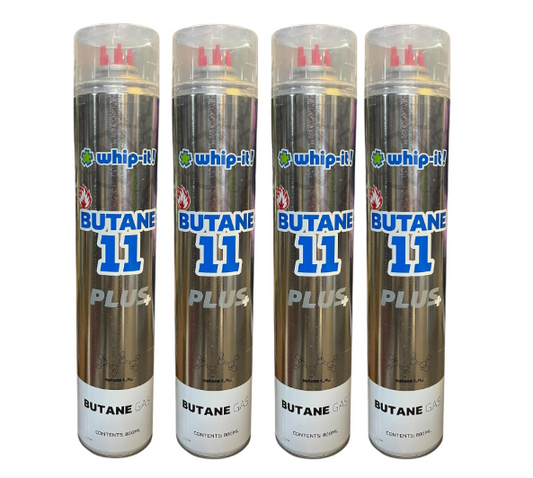 Purified Butane 11x Torch Refill Gas with 5 Universal Plastic Tips 800ml Each 4 Cans