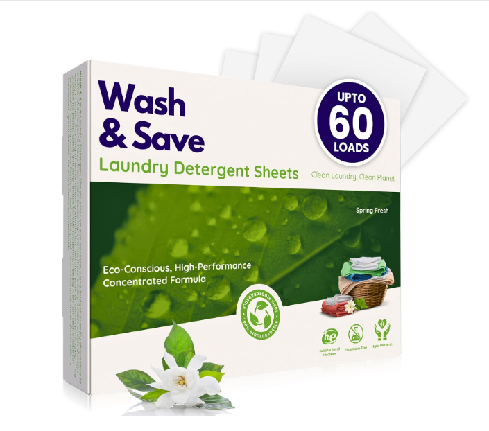 WASH & SAVE Laundry Detergent Sheets - 60 Loads / 30 Sheets | Plant-Based, Eco-Friendly, Hypoallergenic Liquidless Detergent | Perfect for Travel & Dorm - Spring Fresh