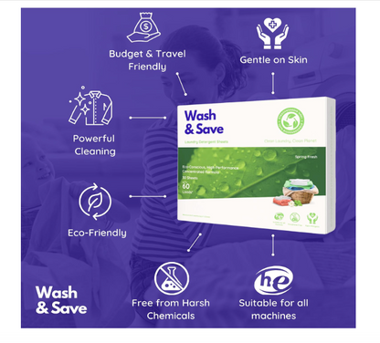 WASH & SAVE Laundry Detergent Sheets - 60 Loads / 30 Sheets | Plant-Based, Eco-Friendly, Hypoallergenic Liquidless Detergent | Perfect for Travel & Dorm - Spring Fresh