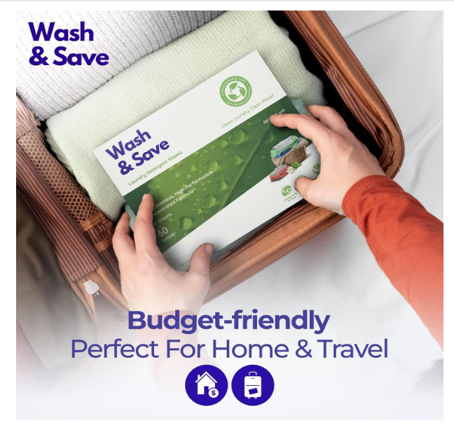 WASH & SAVE Laundry Detergent Sheets - 60 Loads / 30 Sheets | Plant-Based, Eco-Friendly, Hypoallergenic Liquidless Detergent | Perfect for Travel & Dorm - Spring Fresh