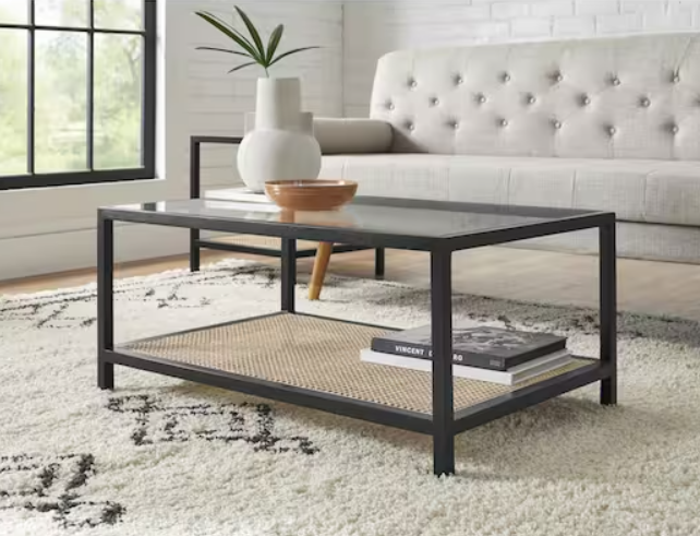 Odell 36 in. Black Rectangle Glass Top Coffee Table with Natural Cane Accents