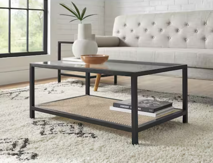 Odell 36 in. Black Rectangle Glass Top Coffee Table with Natural Cane Accents