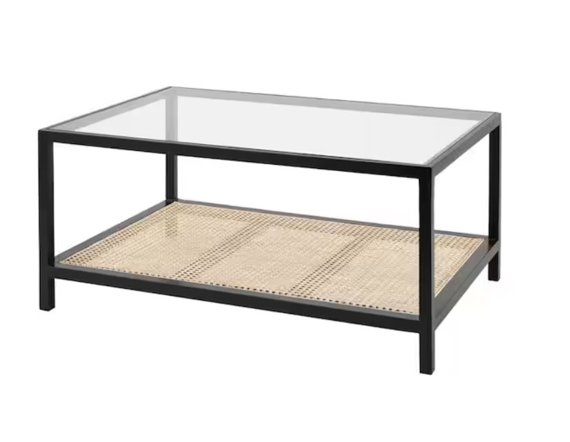 Odell 36 in. Black Rectangle Glass Top Coffee Table with Natural Cane Accents