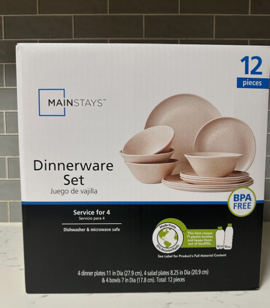 Mainstays 12-Piece Eco-Friendly Dinnerware Set, Pink, Service For 4 BPA Free