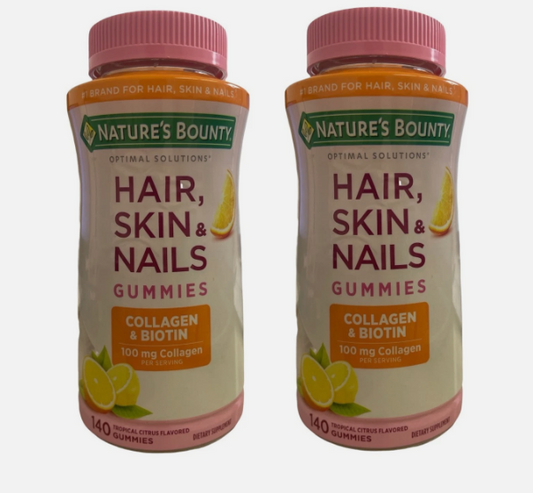 Lot of 2 Nature's Bounty Hair Skin & Nails with Biotin & Collagen 140 count Each