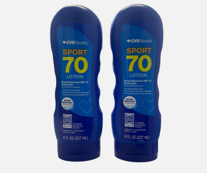 Lot of 2 CVS Health Sport SPF 70 Sunscreen Lotion 8FL oz Broad Spectrum